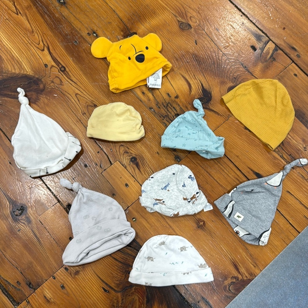 Baby boy hats set of bundle of 9 ranging in sizes 0-12 months